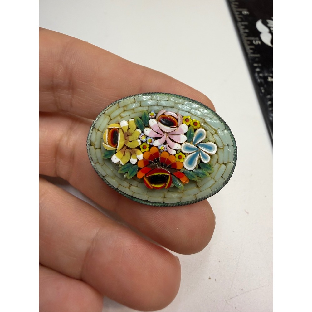 Micro Mosaic Floral Brooch Oval Italian Glass Tesserae Brass Pin Gold Tone 1.25"